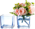 Square Blue Glass Vases Set of 2, 6" x 6" x 6" Square Vase for Centerpieces, Flower Vases for Centerpieces, Small Vase for Wedding, Party, Home Office Decoration