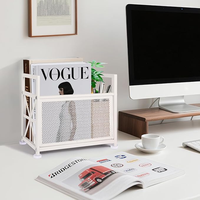 White Magazine Holder, Metal Magazine Rack Floor, Magazine Storage Basket, Mesh Magazine File Holder, Magazine Holders for Shelves，Magazine Stand for Desk, Folder Organizer Bin for Magazines