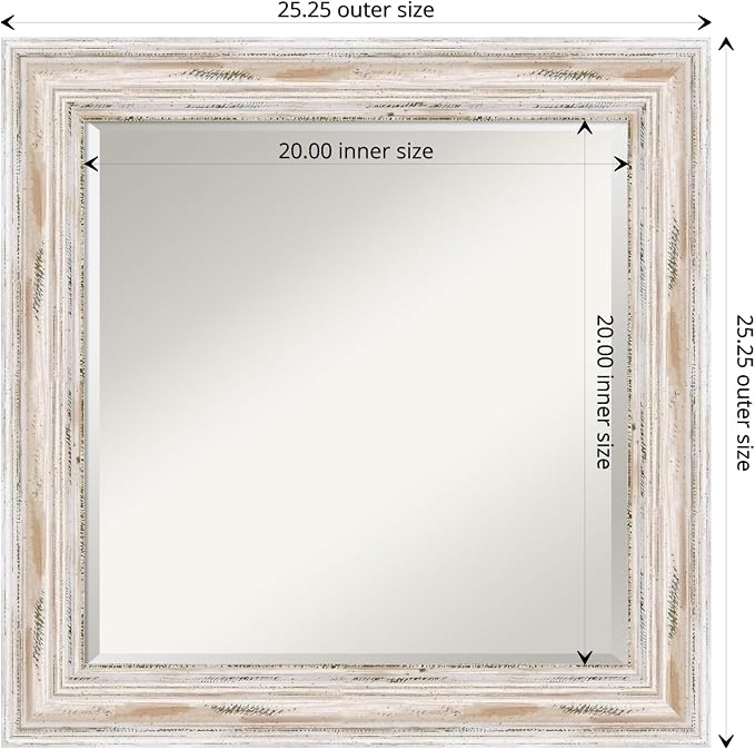 Amanti Art White Wall Mirror 25x25 Alexandria White Wash Square Bathroom Mirror for Wall Decor Living Room, Medium Cottage Wood Frame, Hangs Horizonally and Vertically, Bathroom Decor, Beveled Edge