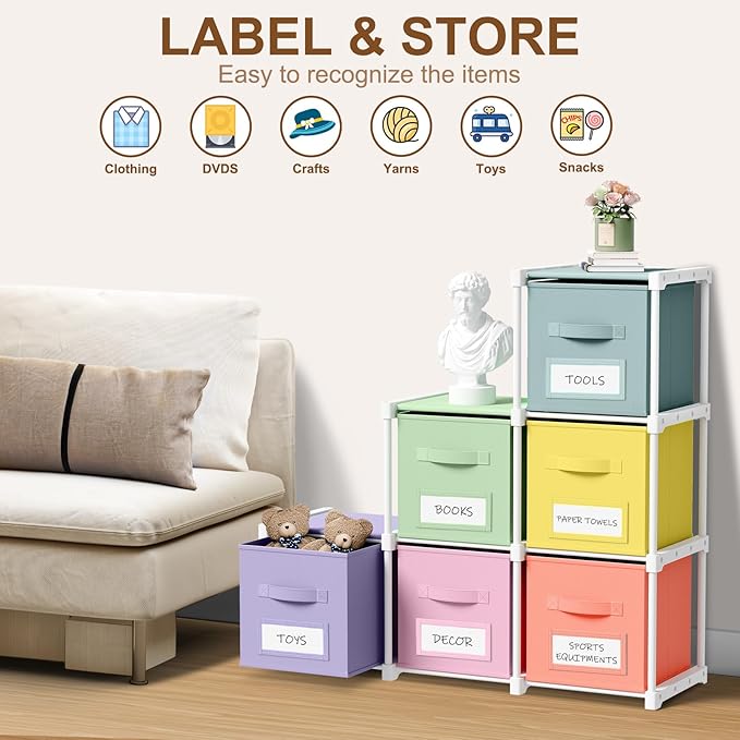 Geelin 6 Cube Toy Storage Organizer with Fabric Bins and Labels, 11 Inch Collapsible Colorful Cubby Storage Drawers Pastel Dresser with Shelf for Playroom Nursery Closet Bedroom Dorm