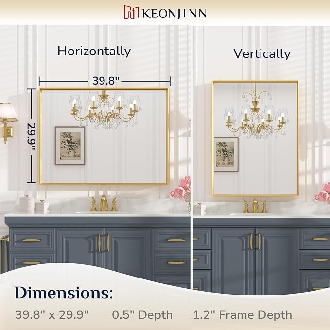 Keonjinn Gold Bathroom Mirror 40 x 30 Inch, Brushed Gold Mirror for Over Sink, Aluminum Alloy Framed, Square Corner, Modern Farmhouse, Large Rectangular Vanity Mirror for Wall(Horizontal/Vertical)