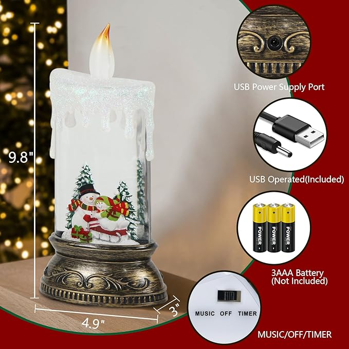 Wondise Rechargeable Musical Snow Globe Lantern with 6H Timer, Battery Operated USB Powered Lighted Snow Globe Lamp Spinning Water Swirling Glitters Holiday Decor Snowman