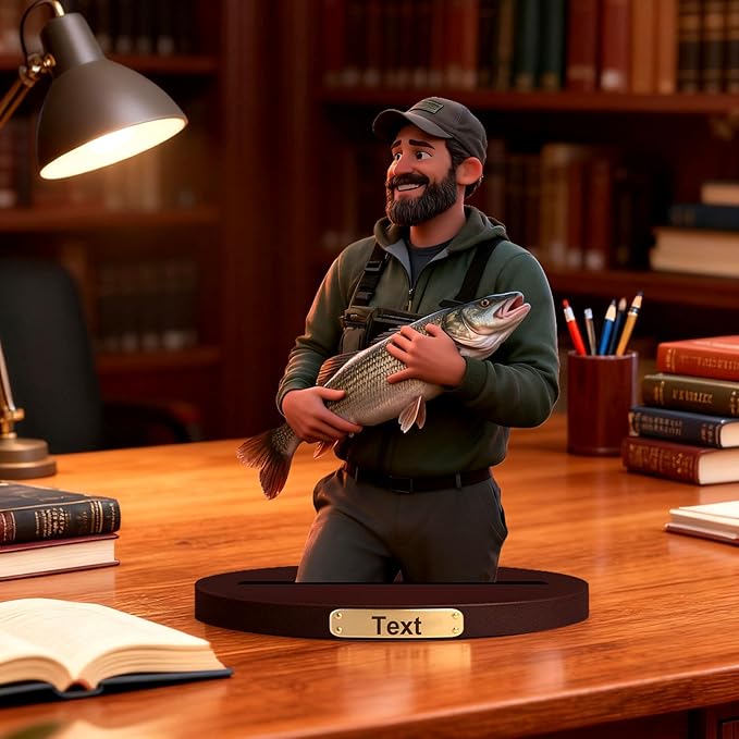 Personalized 3D Cartoon Photo Fishing Figurine Desktop Ornament Home Office Bedside Table Decoration From Your Photos To Office Desk Frames Gift‘S For Fathers Enthusiasts (Fishing cartoon)