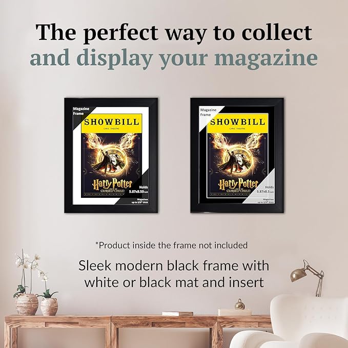 Creative Picture Frames 5.87 x 8.5 Magazine Theatre Show Frame with Full-Strength Glass, Holds Up To A 1/4" Thick Media with Installed Hangers for Easy Mounting, 8x10 Black Frame with White Mat