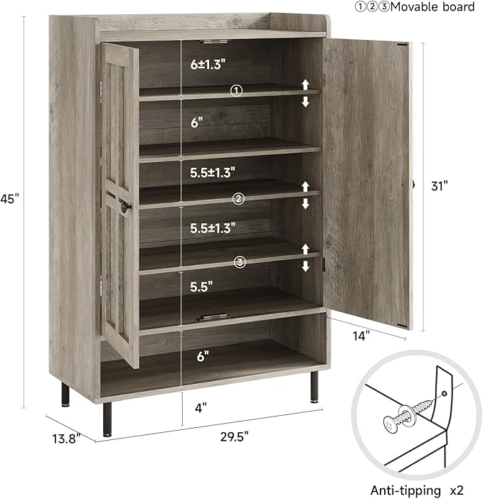 Grey 7+1 Tier Farmhouse Shoe Storage Cabinet - 45" Tall Entryway Organizer with Cross Molding Doors, 3 Adjustable Shelves & Metal Legs, Shoe Rack for Front Door Entrance