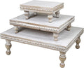 MAONAME Wood Display Risers Decorative Tray Set of 3, Farmhouse Pedestal Stand for Display Home Decor, Vintage White Beaded Wooden Tray for Kitchen Counter, Short and Tall Footed
