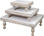 MAONAME Wood Display Risers Decorative Tray Set of 3, Farmhouse Pedestal Stand for Display Home Decor, Vintage White Beaded Wooden Tray for Kitchen Counter, Short and Tall Footed