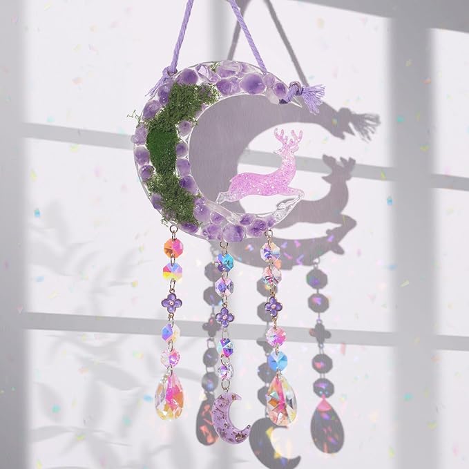 Fairy Purple Forest Deer Crystals Dream Catchers Christmas Gemstone Sun Catcher with Star&Flowers Ornament Handmade Dreamcatcher Wall Decor for Adults Boys Girls Bedroom Wedding Garden Bless Gift