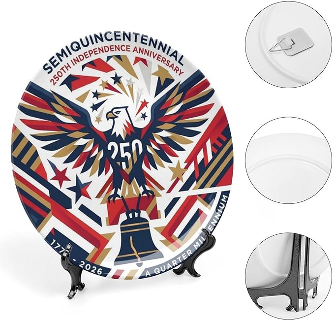 250th Anniversary Decorative Plates 8 Inch Eagle Liberty Bell Patriotic Decorations Commemorative Plates with Stand Independence Day 4th of July Semiquincentennial Decor