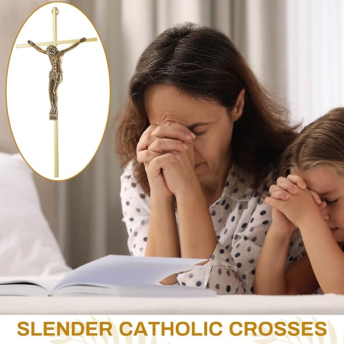 Leinuosen 8 Pcs Metal Crucifix Wall Cross 10 Inch Catholic Slender Metal Crosses Wall Decor for Home Decor Hanging Jesus(Shiny Gold)