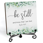 Inspirational Christian Desk Decor, Be Still And Know That I Am God Eucalyptus Sign, Desk Decorations For Office Home Living Room Bathroom, Eucalyptus Shelf Decor, Wooden Plaque With Stand (07)