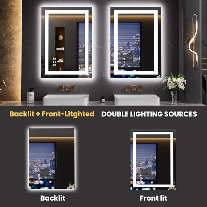 LOAAO 20"x28" LED Mirror for Bathroom, Lighted Bathroom Mirror with Lights, Anti-Fog, Dimmable, Memory Function, Clear Reflection