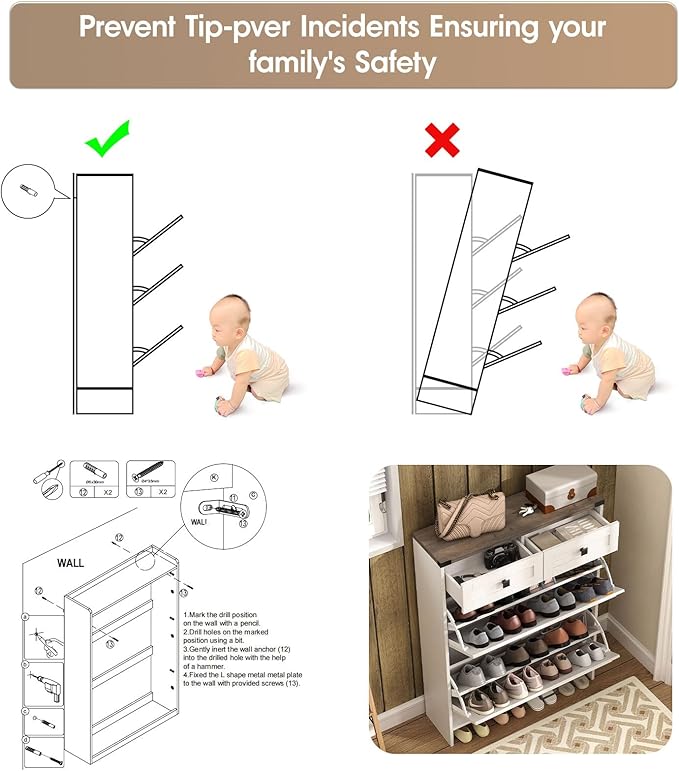 Shoe Cabinet with 2 Flip Drawers & 2 Drawers,Farmhouse Shoe Storage Cabinet for Entryway,Slim Freestanding Narrow Organizer Rack for Front Door Entrance,White