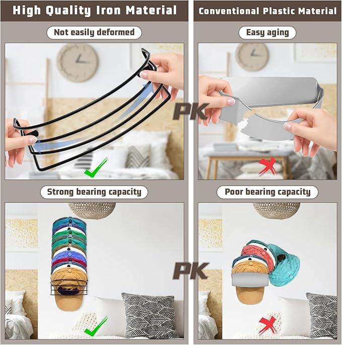 Hat Organizer for Baseball Caps, 2-Pack Black Metal Hat Rack for Wall Door, Adhesive/Wall Mounted Hat Storage Holder Small Closet Organizers and Storage Solution Ideas