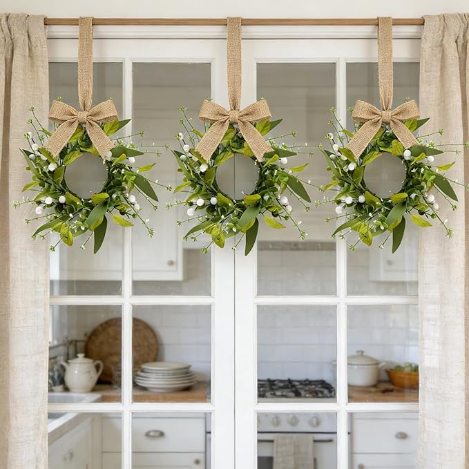 6 PCS Spring Summer Eucalyptus Kitchen Cabinet Wreaths Small Artificial Green Eucalyptus Leaf Wreath for Front Door with Ribbon Boxwood Mini Wreath for Porch Wall Window Farmhouse Wall Home Decor