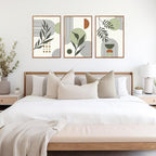 KAlRNE Sage Green Boho Beige Framed Canvas Wall Art Set of 3(16”X24”),Abstract Geometric Line Leaf Wall Decor,Botanical Minimalist Neutral Art Prints For Living Room Bedroom Office