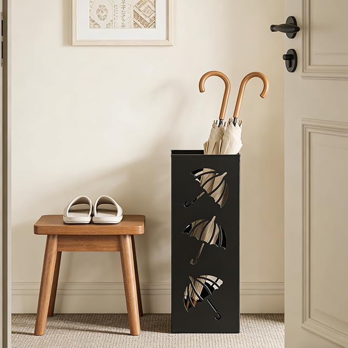 Metal Umbrella Holder, Square Stand for Entryway and Home Decor, 6.3" x 6.3" x 16.5" in Black, Sturdy Rack for Walking Canes and Umbrellas
