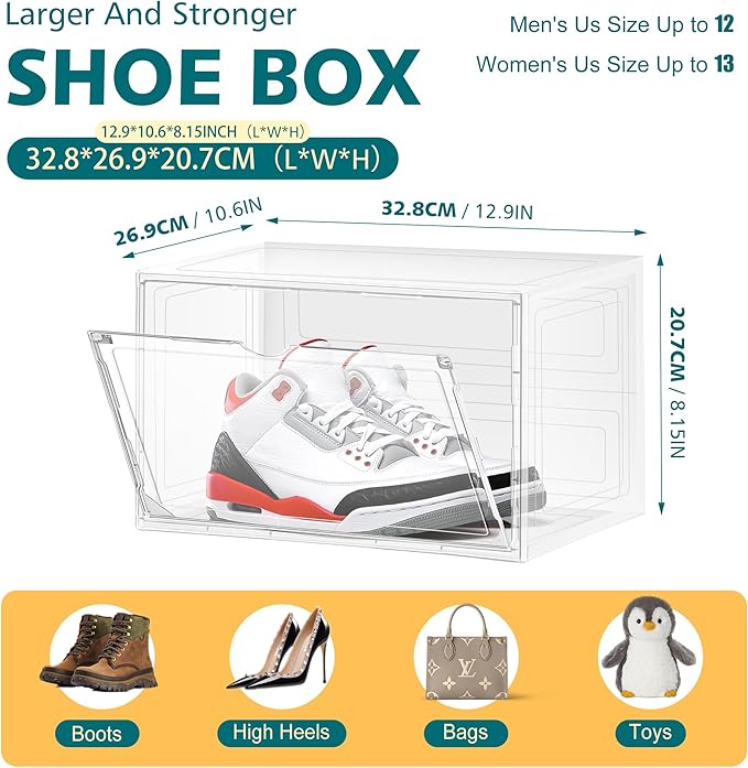 6 Pack Shoe Cases for Sneakers Transparent Shoe Storage Box Hat Display Case Stackable Storage Bins for Closet with Magnetic Door, Size 12