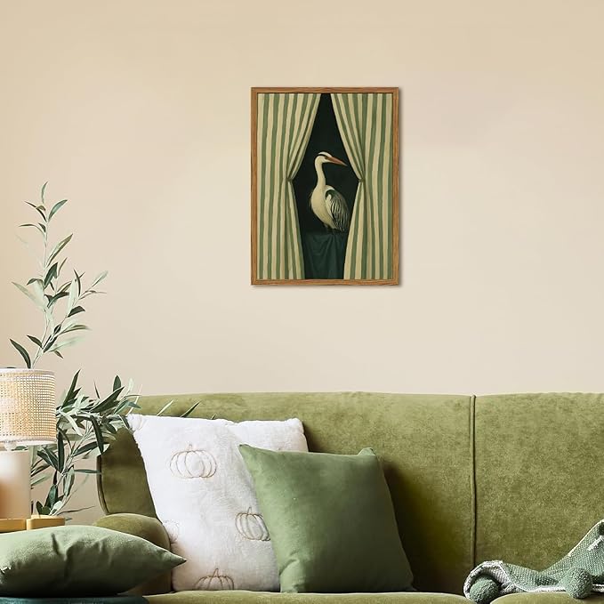Framed Moody Heron Wall Art, Eclectic Vintage Bird Pictures Wall Decor Paintings, Surreal Whimsical Animal Canvas Prints Unique Humorous Home Decor for Living Room Bedroom Bathroom 12x16 inch