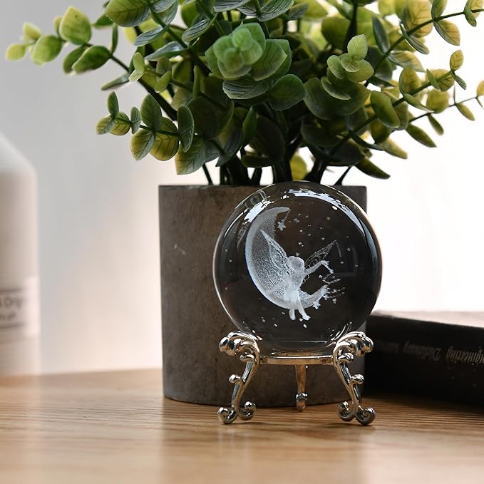 IFOLAINA 3D Fairy Crystal Ball with Stand 60mm Laser Engraved Moon Fairy Glass Ball Decorative Globes Crystal Fairy Sphere Gifts for Girl Her Fairy Lover Birthday Gifts for Daughters