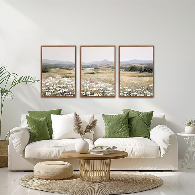 KAIRNE Landscape Canvas Wall Art,Boho Floral Prints Set of 3(24”X36”),Flower Garden Paintings,Wildflower Field Scene Wall Decor,Botanical Art for Living Room Bedroom Kitchen Farmhouse Decor,Framed