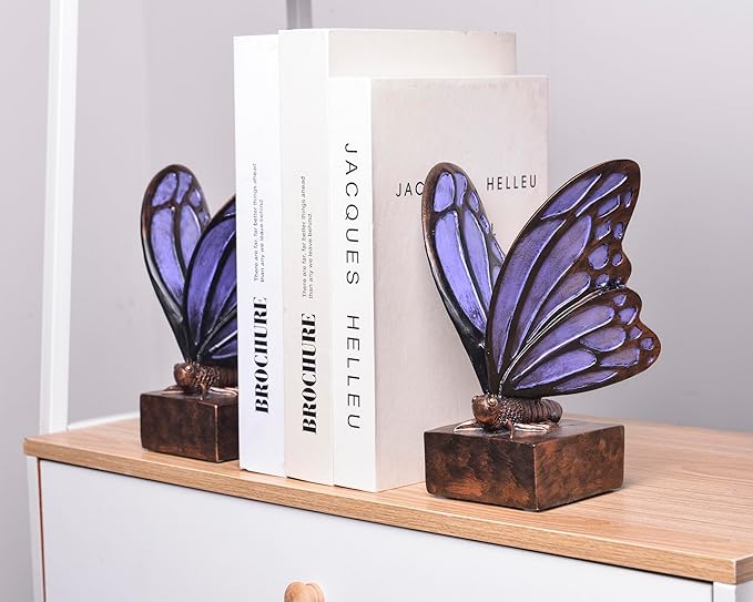 Vintage Purple Butterfly Bookends,Resin Book Ends for Shelves,Heavy Duty Decorative Bookends,Creative Book Stopper Holder Decor for Desk Home Office,Shelf Decoration,Gifts for Mother's Day