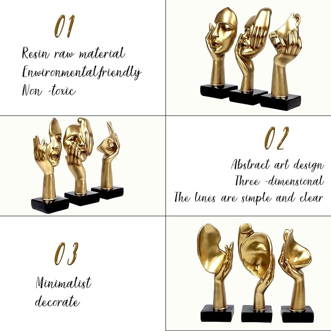 3 Pcs Thinker Statue,Modern Home Resin Sculptures,Collectible Figurines for Home Office Bookshelf Desktop Decor(Golden)