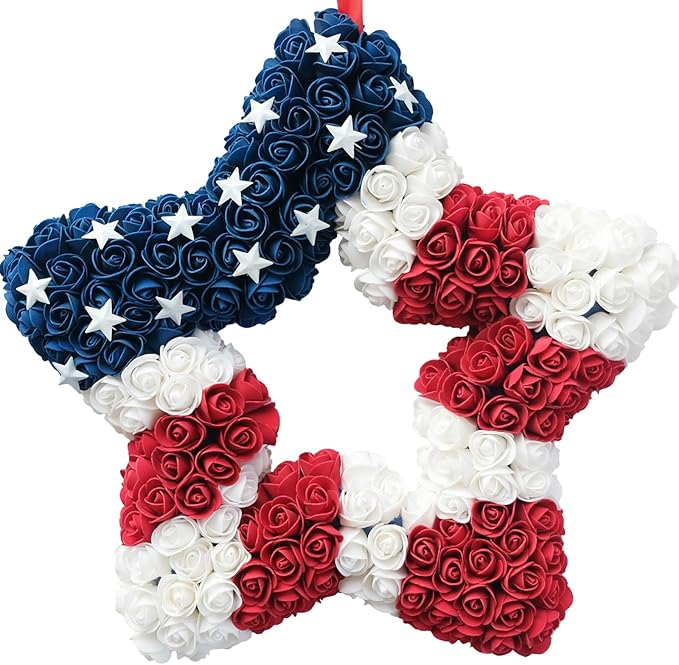 18 Inch Patriotic Red White Blue Large Star Shape Flower Wreath for Front Door, Forth of July American Flag Color Soft Touch Floral Wreath for Indoor and Outdoor, Independence Day Home Decor