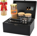 Large Bamboo Storage Box with Lock, Removable Wooden Tray, Airtight Rubber Seal Glass Jars, Decorative Lockable Wooden Organizer Box, Complete Accessories Gift Set