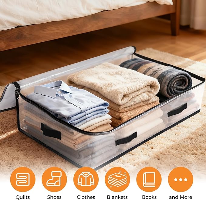 6 Pack Under Bed Storage Bags, 75L Foldable Clear Storage Containers with Handles, Dual Zippers for Comforter, Clothes, Bedding, Linen Sheets, Sweaters, Blanket Storage