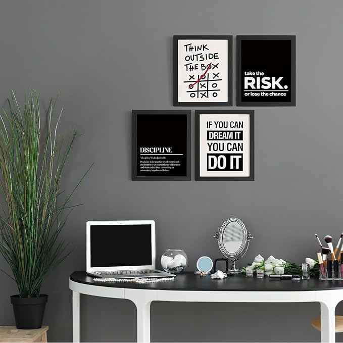 DSHFG Motivational Office Inspirational Wall Art Prints Set of 4, Think Outside the Box Motivational Balck Wall Art Posters for Office Home Decor, 8x10 Unframed