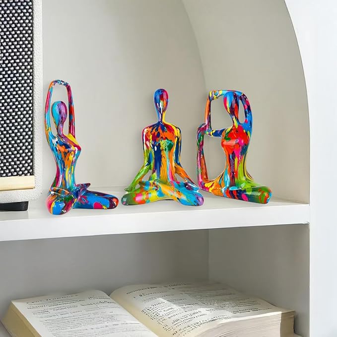 Colorful Abstract Yoga Figurines Set of 3 - Vibrant Graffiti Art Sculptures, Modern Home Decor Accents, Unique Gift for Yoga Lovers, Meditation Room & Living Room Shelf Desk Decor