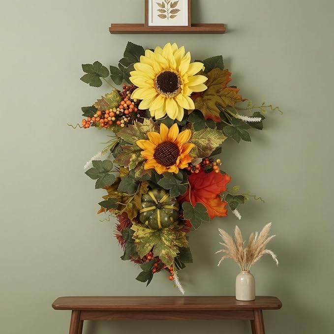 Blossoms Pumpkin Swag Artificial Autumn Door Swag Tree-Shaped Entryway Decor
