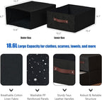 Closet Drawer Organizer Stackable Fabric Storage Boxes Bins Baskets with Lid PU Leather Handles Foldable Washable Cotton Linen Wardrobe Shelf Clothes Towels Container (Black, Large)