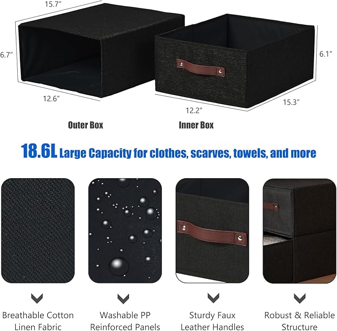 Closet Drawer Organizer Stackable Fabric Storage Boxes Bins Baskets with Lid PU Leather Handles Foldable Washable Cotton Linen Wardrobe Shelf Clothes Towels Container (Black, Large)