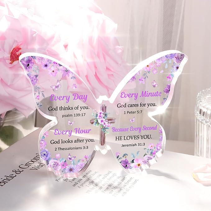 Christian Gifts for Women Faith, Butterfly Acrylic Plaque Decoration, Birthday Gifts for Women, Spiritual Present for Female Friend Family, Office Desk Decor for Woman, 5x3.8x0.5 Inch - Purple