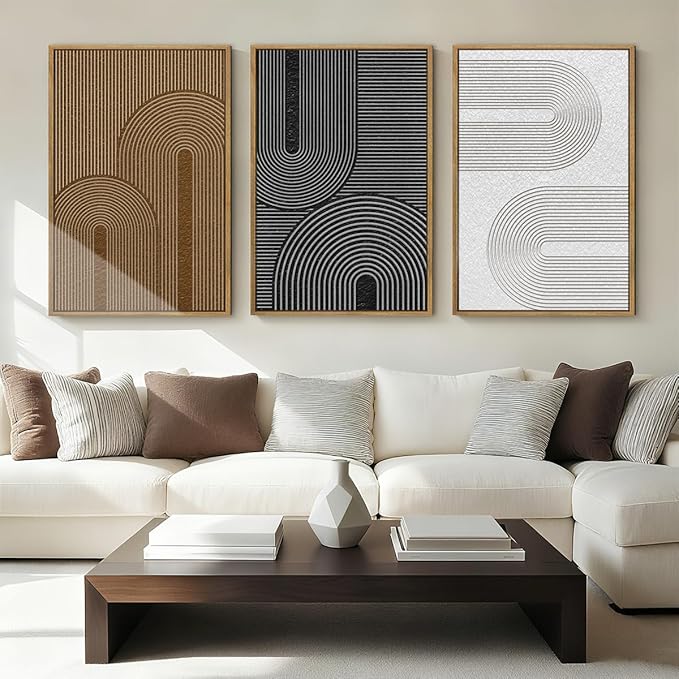 BINCUE Abstract Neutral Canvas Paintings Framed Modern Wall Art Neutral Geometric Wall Decor Modern Abstract Artwork Black and White Wall Painting Brown Pictures for Bedroom Living Room Office 16x24 Inch Set of 3