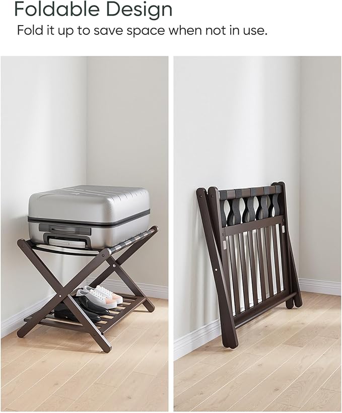 Pack of 2 Fully Assembled Bamboo Luggage Racks, Folding Suitcase Stand with Shoe Shelf, 5 Nylon Straps, Heavy Duty, Luggage Stands Ideal for Guest Room, Bedroom, Hotel, Espresso