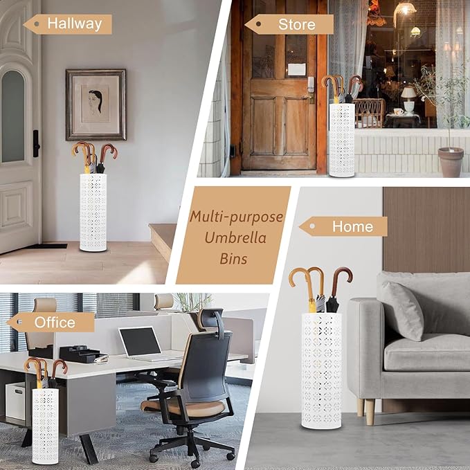 Metal Umbrella Stand - Round Storage Rack and Freestanding Organizer Bin for Home, Office, Hotel Entryway - 5.916.5" (White)