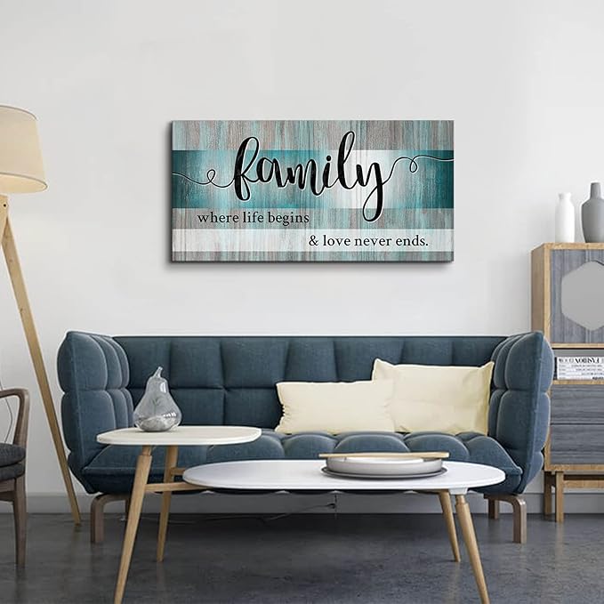 Family Wall Decor Teal Wall Art for Kitchen Dining Room Family Sign for Home Decor Wall Inspirational Quotes Canvas Prints Rustic Farmhouse Painting Artwork for Living Room Home Decorations 20x40"