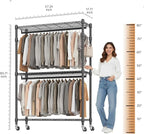 BATHWA Heavy Duty Garment Rack on Wheels, Rolling Clothes Racks for Hanging Storage, Simple Sturdy Metal Wardrobe Closet with Double Rods, 8 Side Hangers, 3 Shelves, Black