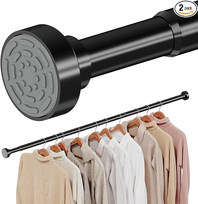 2 Pack No Drilling Closet Rods for Hanging Clothes, Non Slip Tension Rod with Heavy Duty Clothes Hanging Rod, 17-39 Inches Adjustable Spring Closet Rod for Closet Wardrobe Bathroom RV, Black