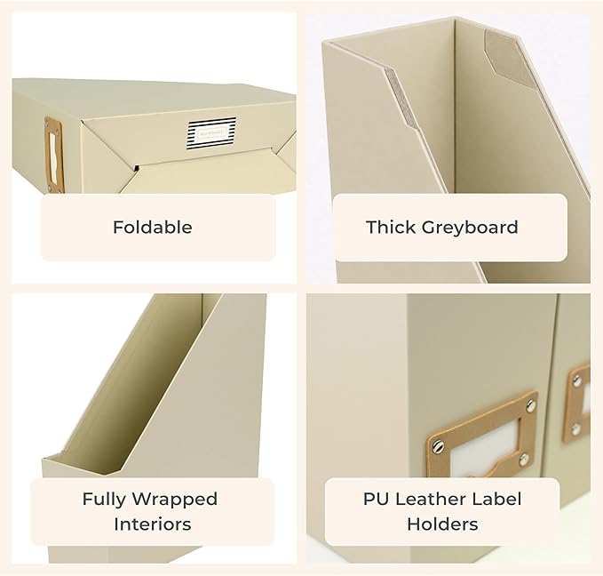 BLU MONACO | Cardboard Magazine File Holder Set of 6 | Vertical Magazine File Holder with Label Slots | Beige Linen Foldable File Organizers for Desk Shelf Office