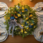 WANNA-CUL 24 Inch Year Round Spring Summer Wreaths for Front Door, Blue Yellow Floral Door Wreath with Pomegranates Daisy - All Season Decorative Wedding Wall Wreath Indoor Outdoor Farmhouse Decor