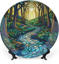 Stained Glass Theme Decorative Ceramic Plate Round Porcelain Plate,10 inch,Sunrise Forest Stream Pattern,for Decorative Ornaments Giving Plates, 1 Plate with 1 Display Stand,Green Blue Gold