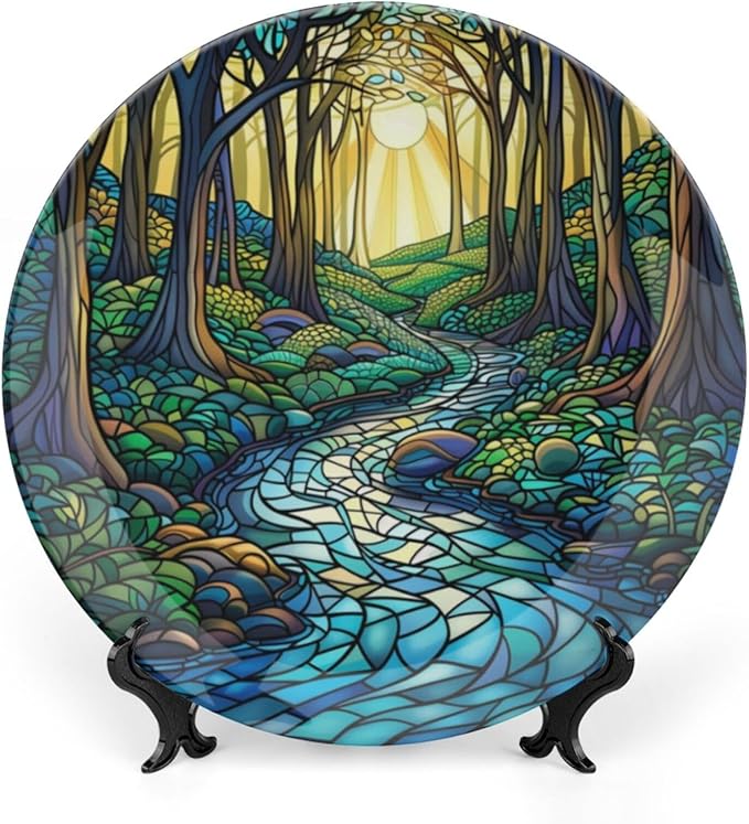 Stained Glass Theme Decorative Ceramic Plate Round Porcelain Plate,10 inch,Sunrise Forest Stream Pattern,for Decorative Ornaments Giving Plates, 1 Plate with 1 Display Stand,Green Blue Gold