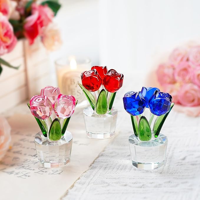 3.2 * 2in Crystal Pink Rose Flower Figurine Romantic Gifts for Wife Girlfriend Mom on Birthday Wedding Home Decorations