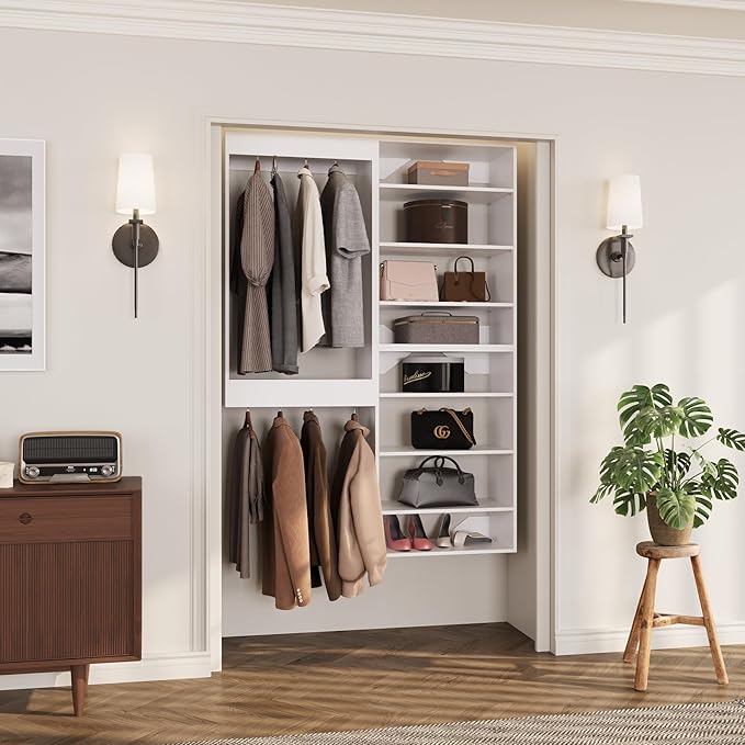 ROOMTEC Modular Closet System, 43" Wall-Mounted Closet Organizer with Hanging Rods and Shelves, Wooden Tower for Walk-In Closets, Wardrobe Storage Kit, White
