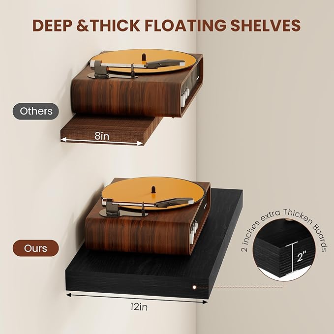 Vivelove 2" Thick Floating Shelves for Wall 12 Inches Long, 12" Deep Wall Shelves, for Bedroom, Bathroom, Living Room, Kitchen, Office, Modern Home Decor, 12" X 12" X 2", Set of 2, Black