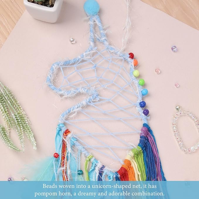 Pretty Jolly Unicorn Dream Catchers for Little Girls Bedroom Handmade Kids Dreamcatcher with Fluffy Pom Poms Feathers&Beads,Nursery Wall Decor for Toddler Girls Room,Children Birthday Gift(Blue)